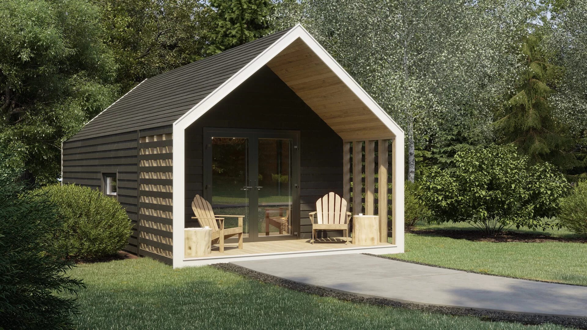 3D rendering of a dark wood modular tiny home with gable roof and open porch in a garden setting