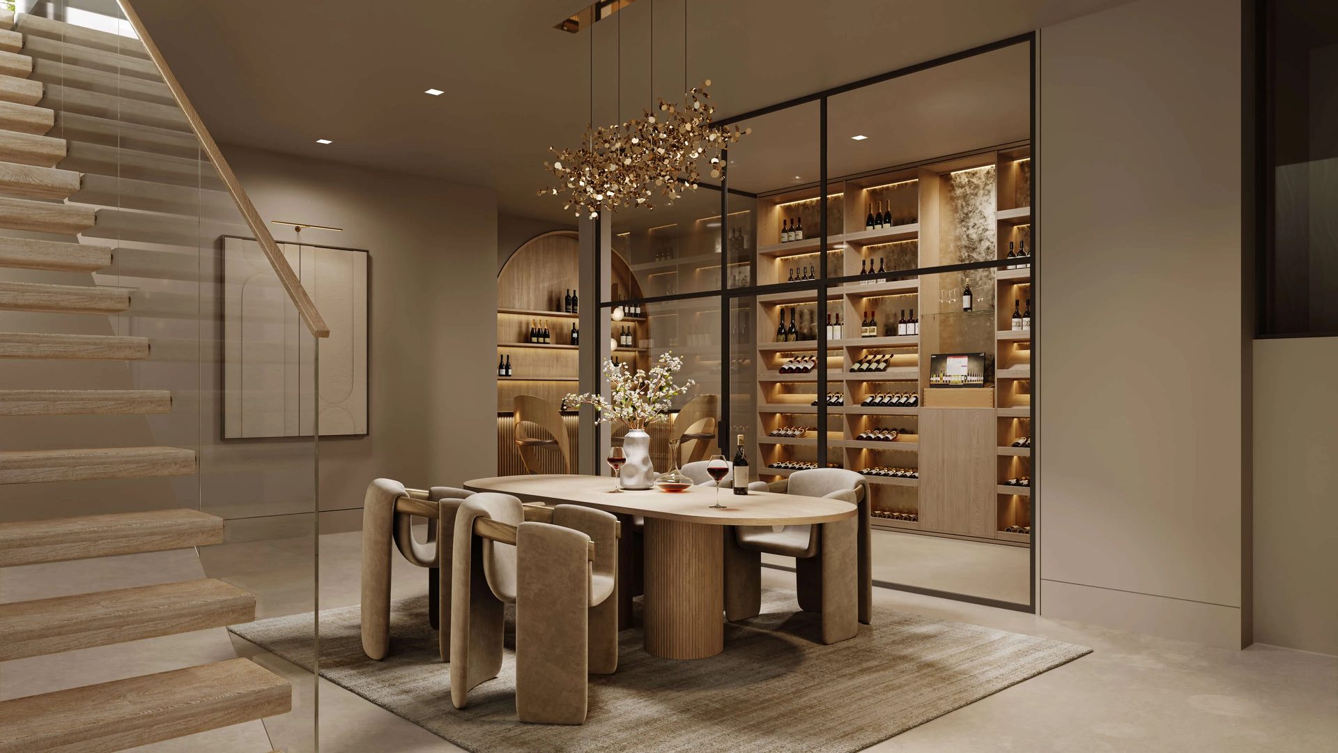 Wine tasting room rendering with glass-enclosed climate-controlled wine display and eSommelier system