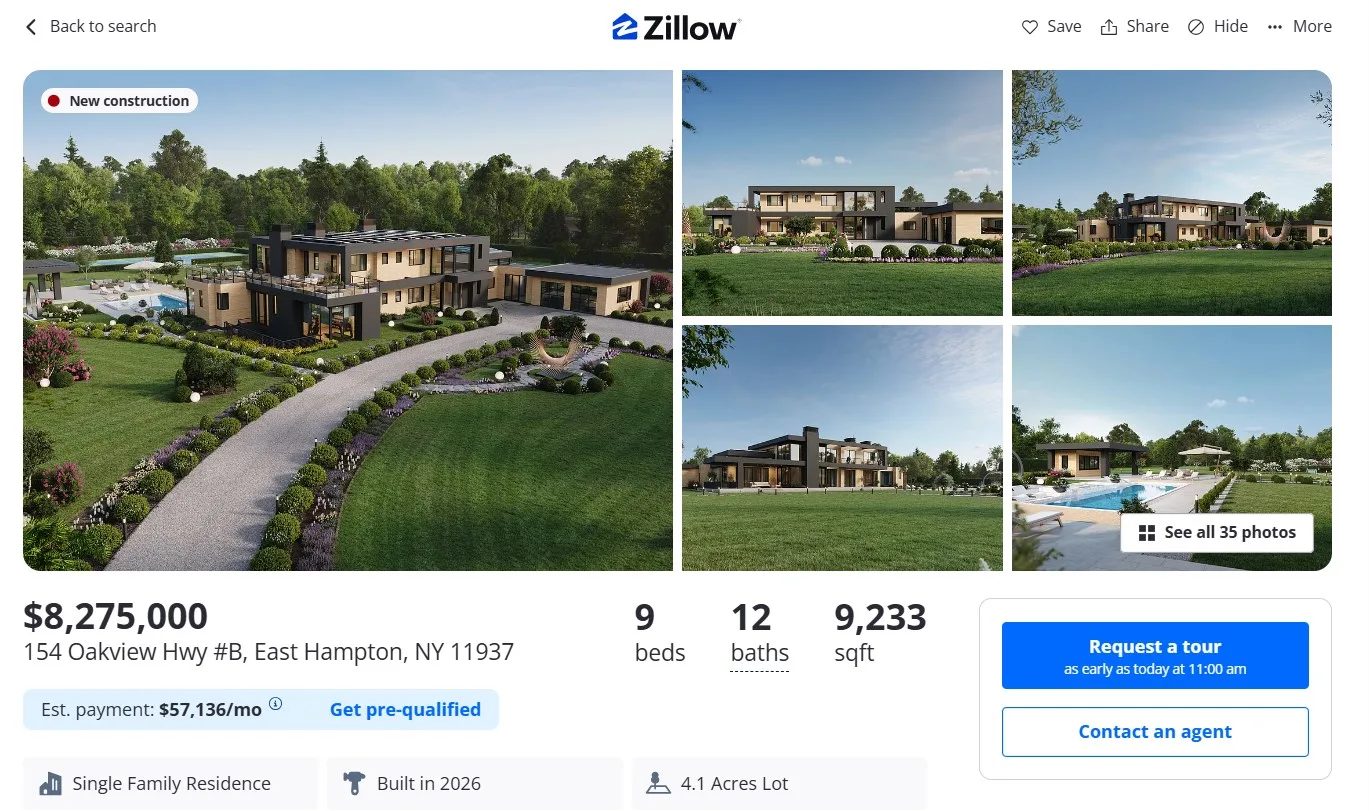 The Oakview Reserve listing on Zillow featuring pre-construction renderings of the estate