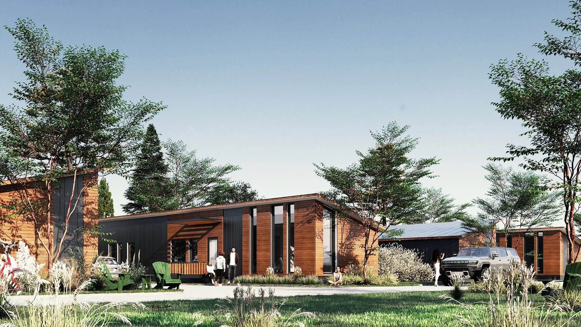 Real estate 3D rendering of a modular housing community with warm wood cladding and lifestyle figures