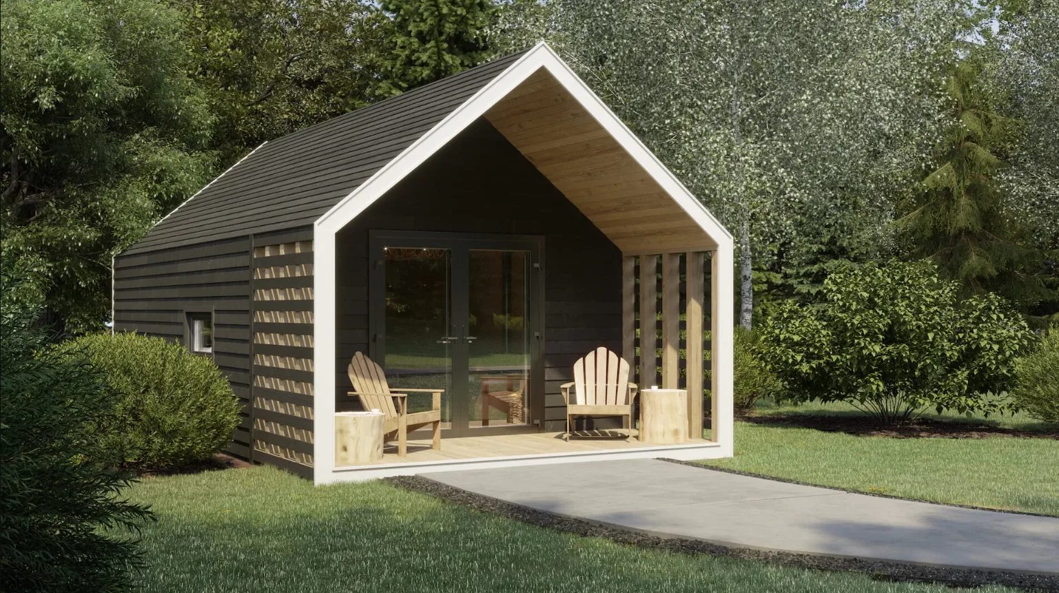 Residential exterior rendering with landscaped entrance and modern façade