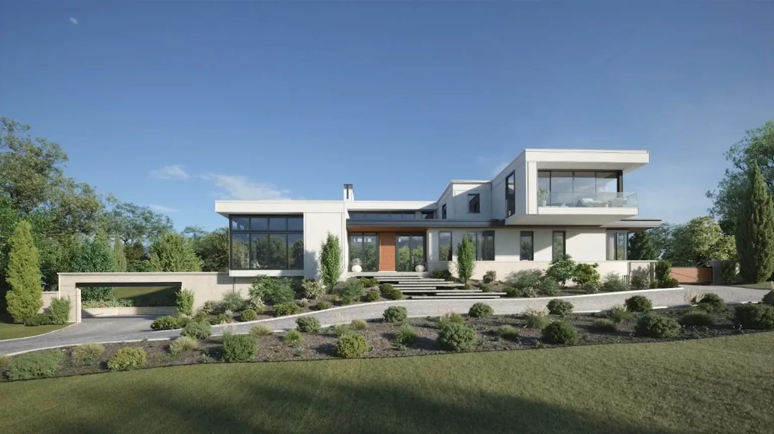Modern home exterior rendering with landscaped entrance and contemporary architecture