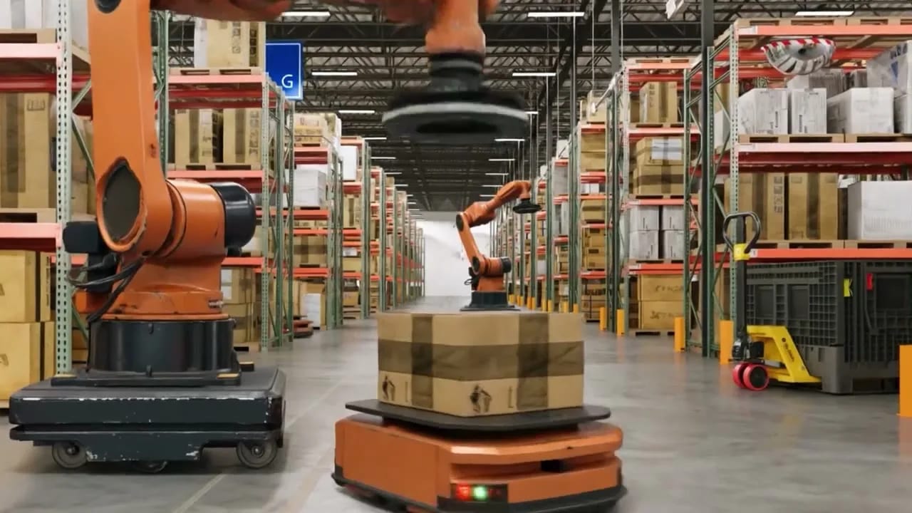 Automated warehouse robotics 3D animation