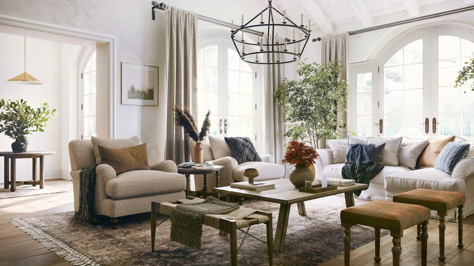 American Country style interior 3D rendering of a living room