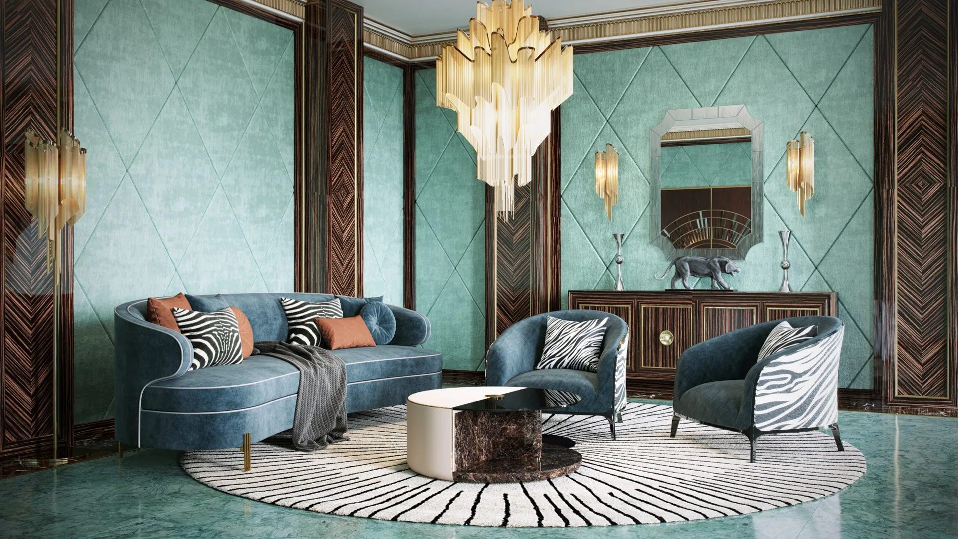 Art Deco style interior 3D rendering with geometric forms and bold colors