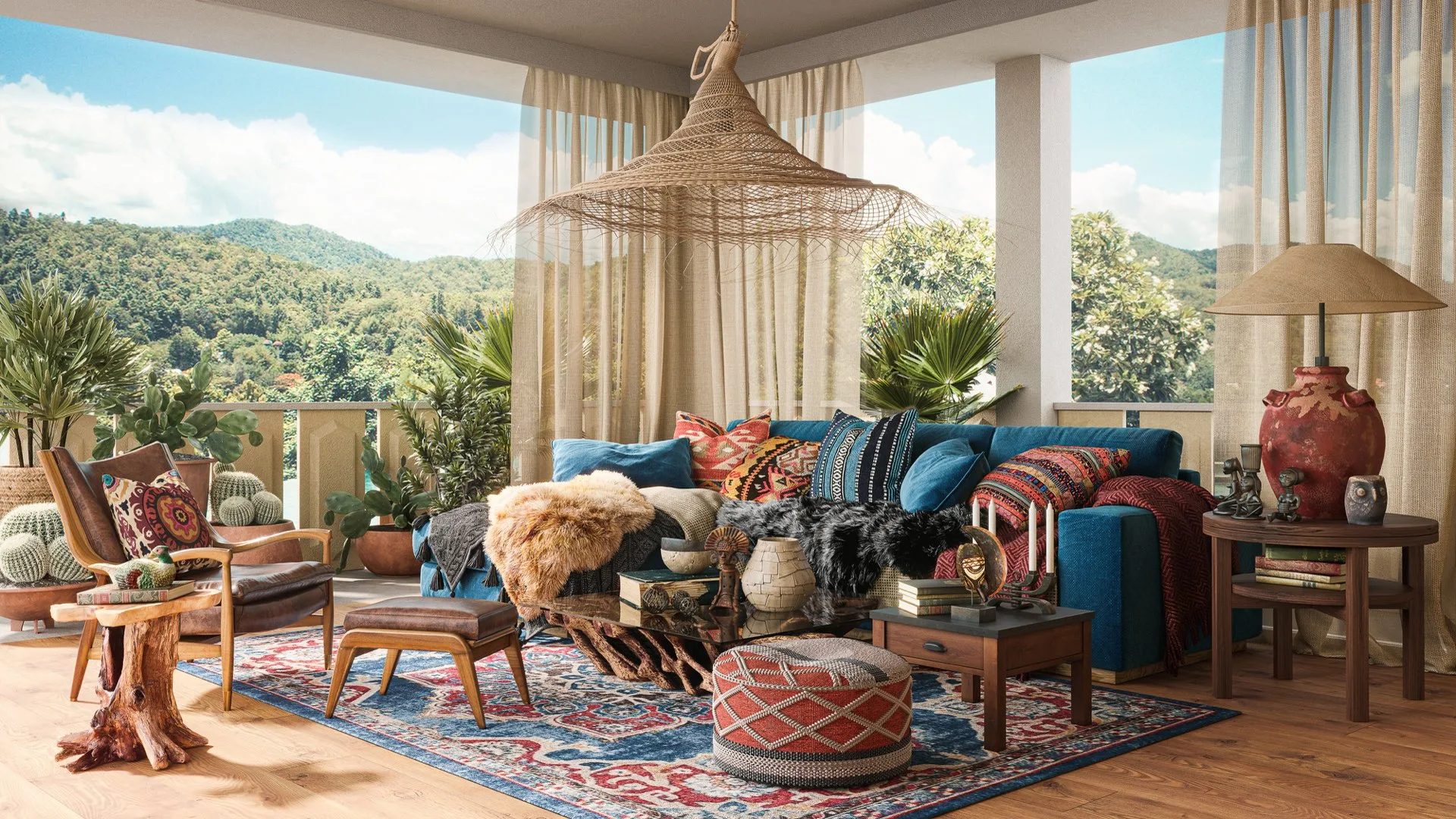 Boho style interior 3D rendering with layered textiles and plants