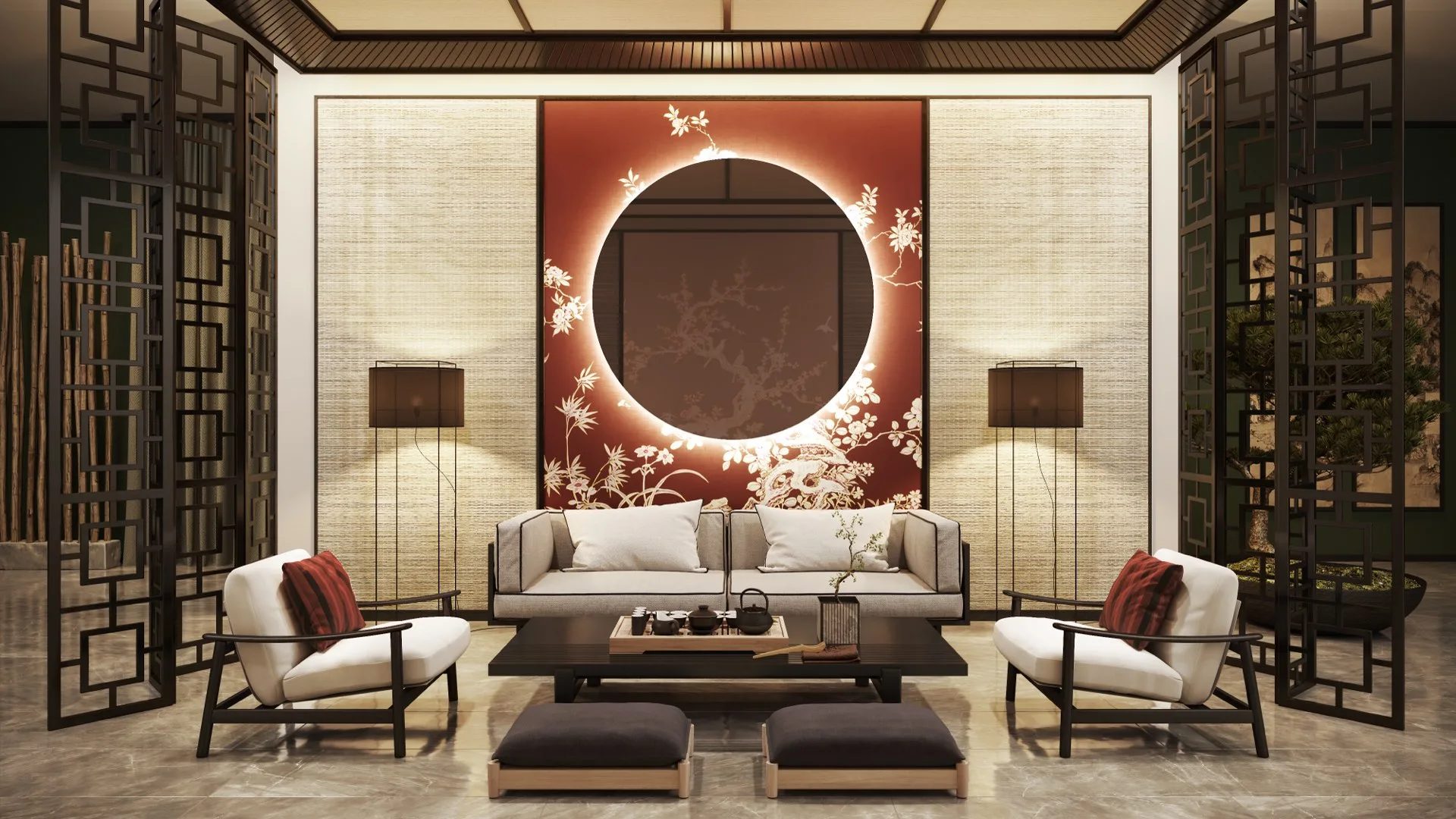 Modern Chinese style interior 3D rendering with dark wood accents