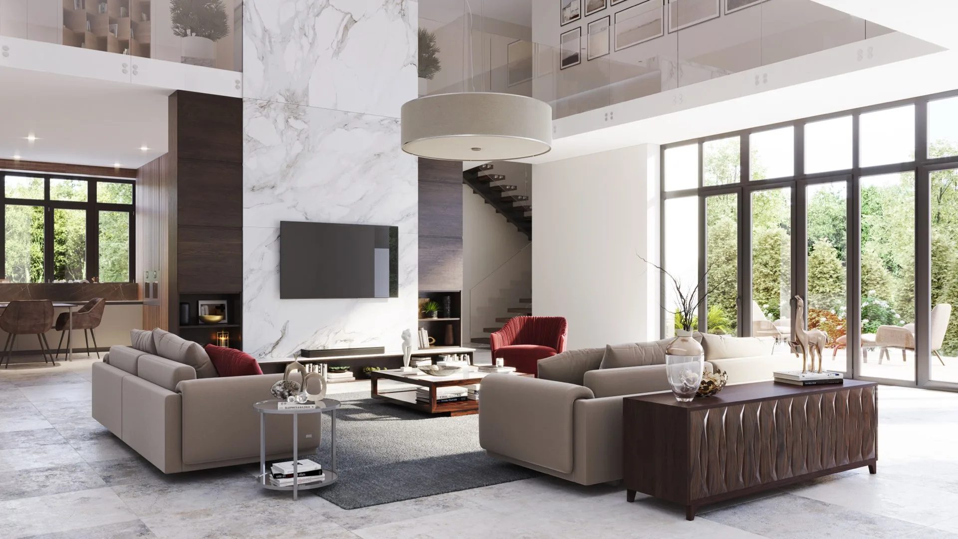 Contemporary style interior 3D rendering of a living space