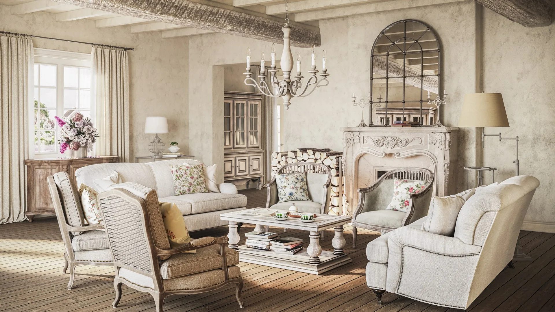 French Country style interior 3D rendering with rustic elegance
