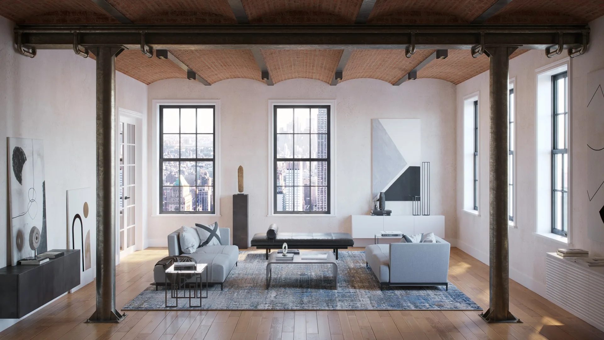 Industrial style interior 3D rendering with exposed brick and metal