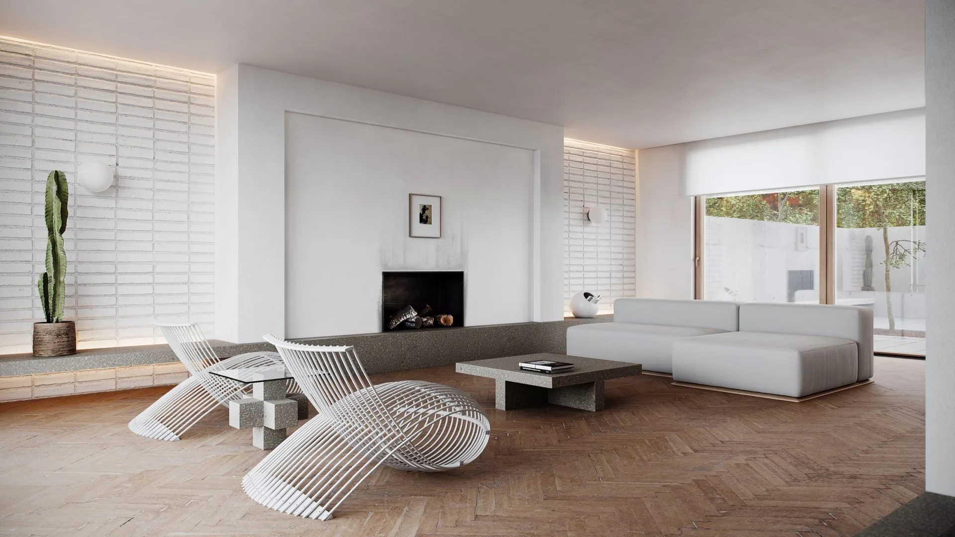 Minimalist interior design 3D rendering of a living room