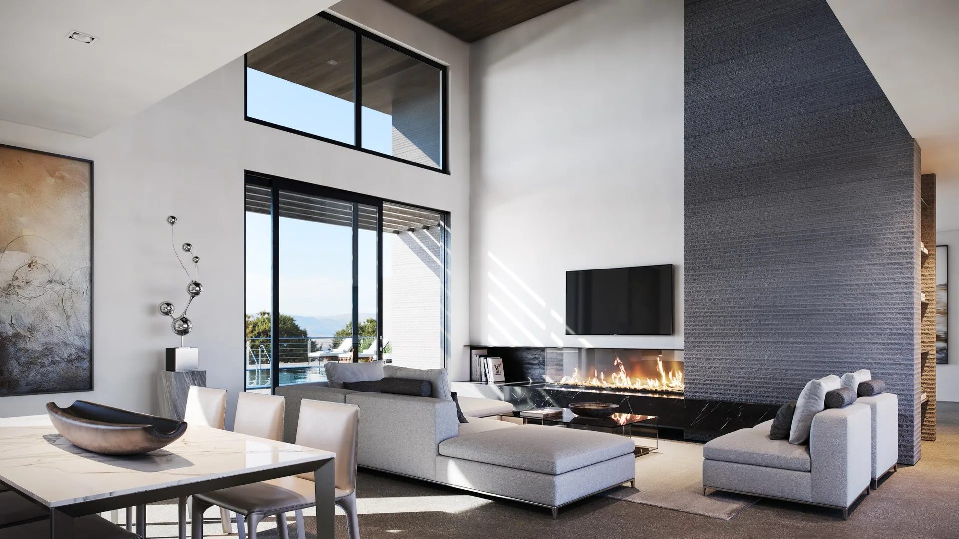 Modern style interior 3D rendering of an open living room