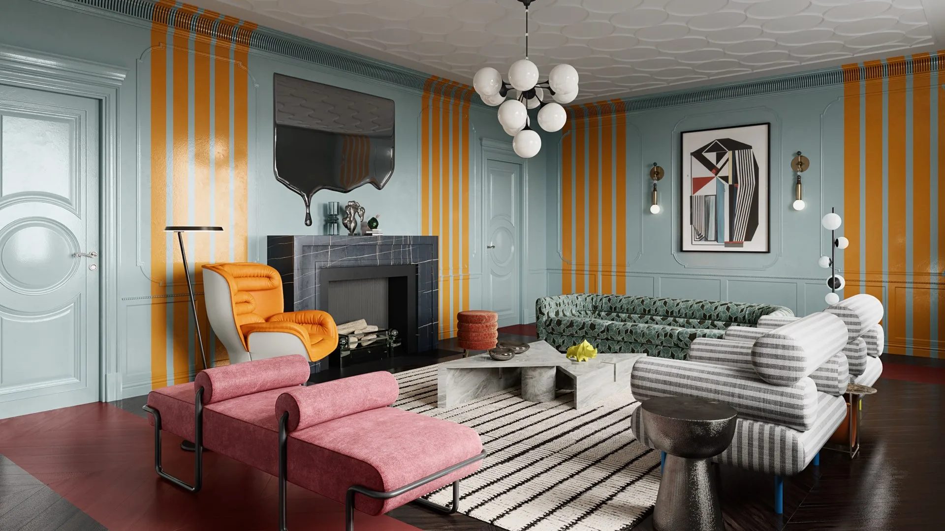 Postmodern interior design 3D rendering of a living space