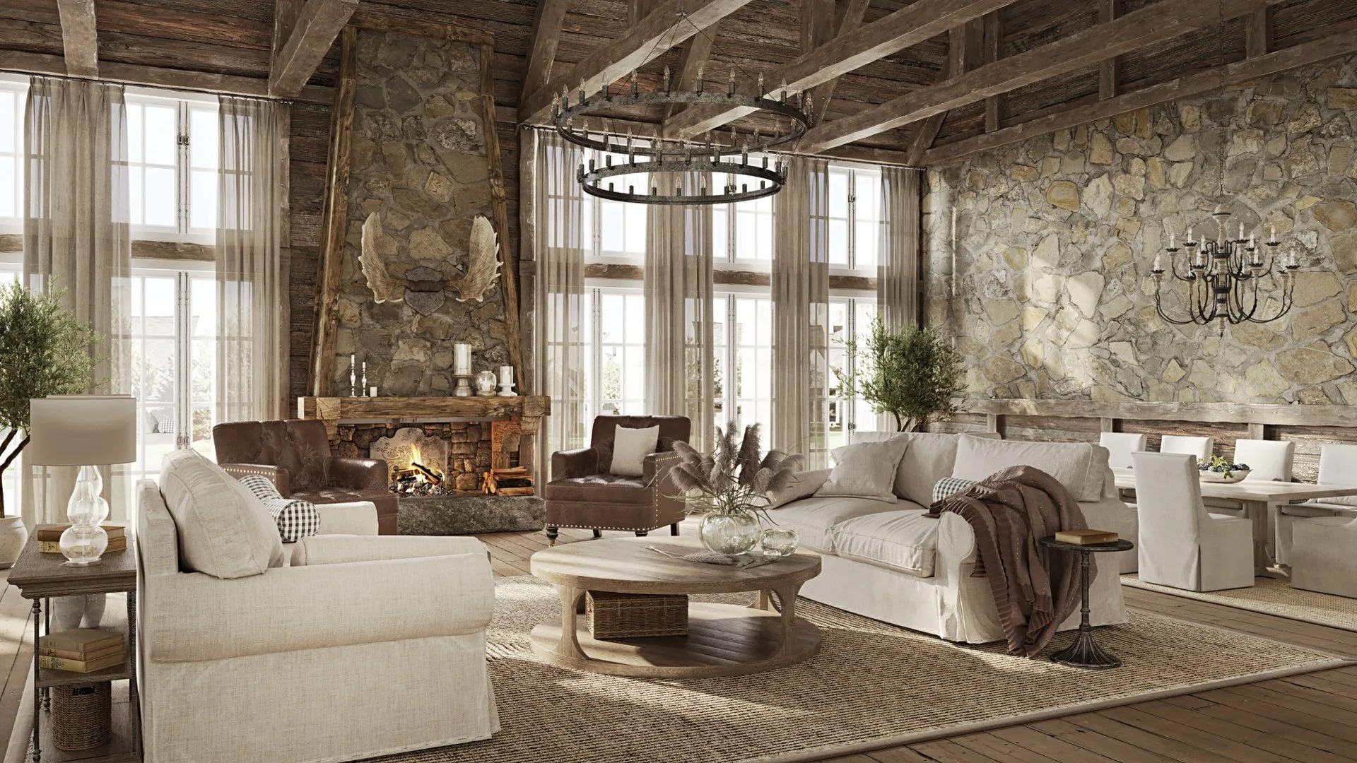 Rustic style interior 3D rendering with natural wood and stone