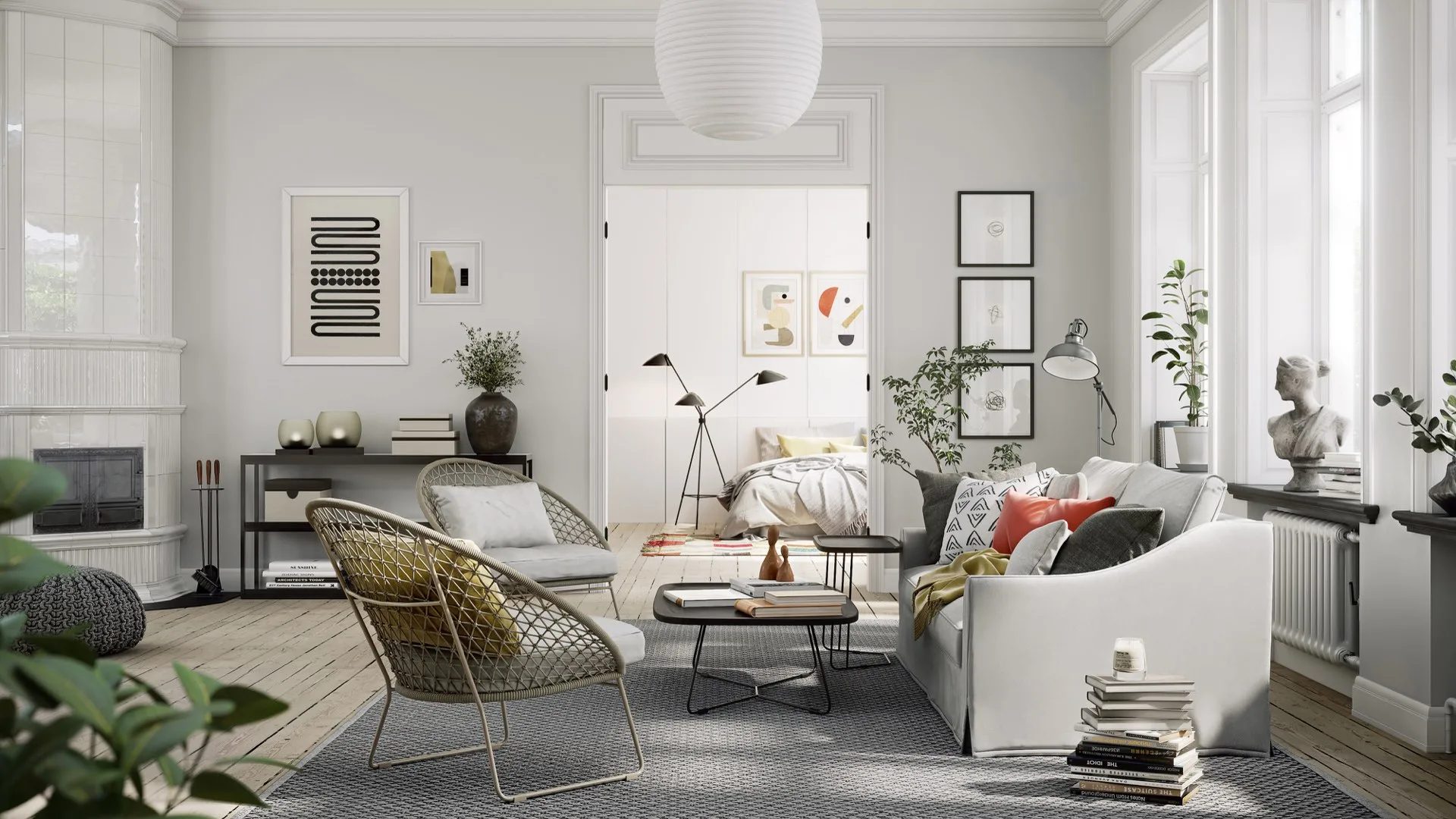 Scandinavian style interior 3D rendering with light woods and clean lines