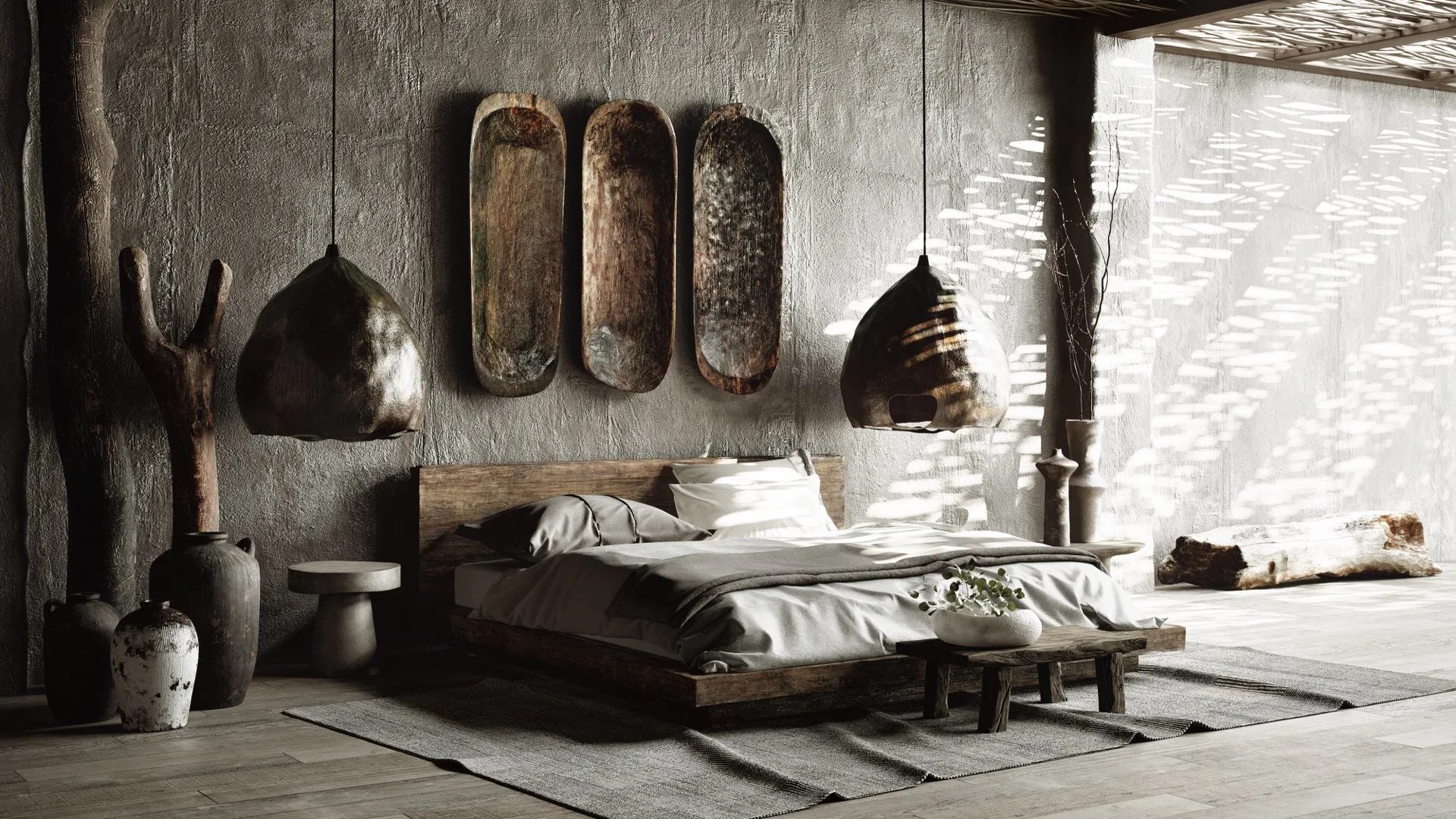 Wabi-Sabi style interior 3D rendering of a living room with natural textures