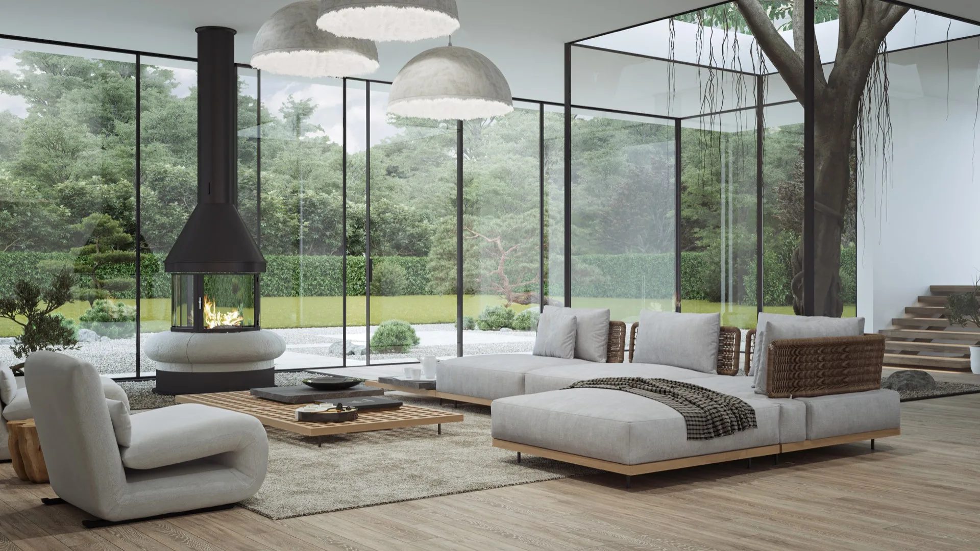 Zen style interior 3D rendering of a serene living space
