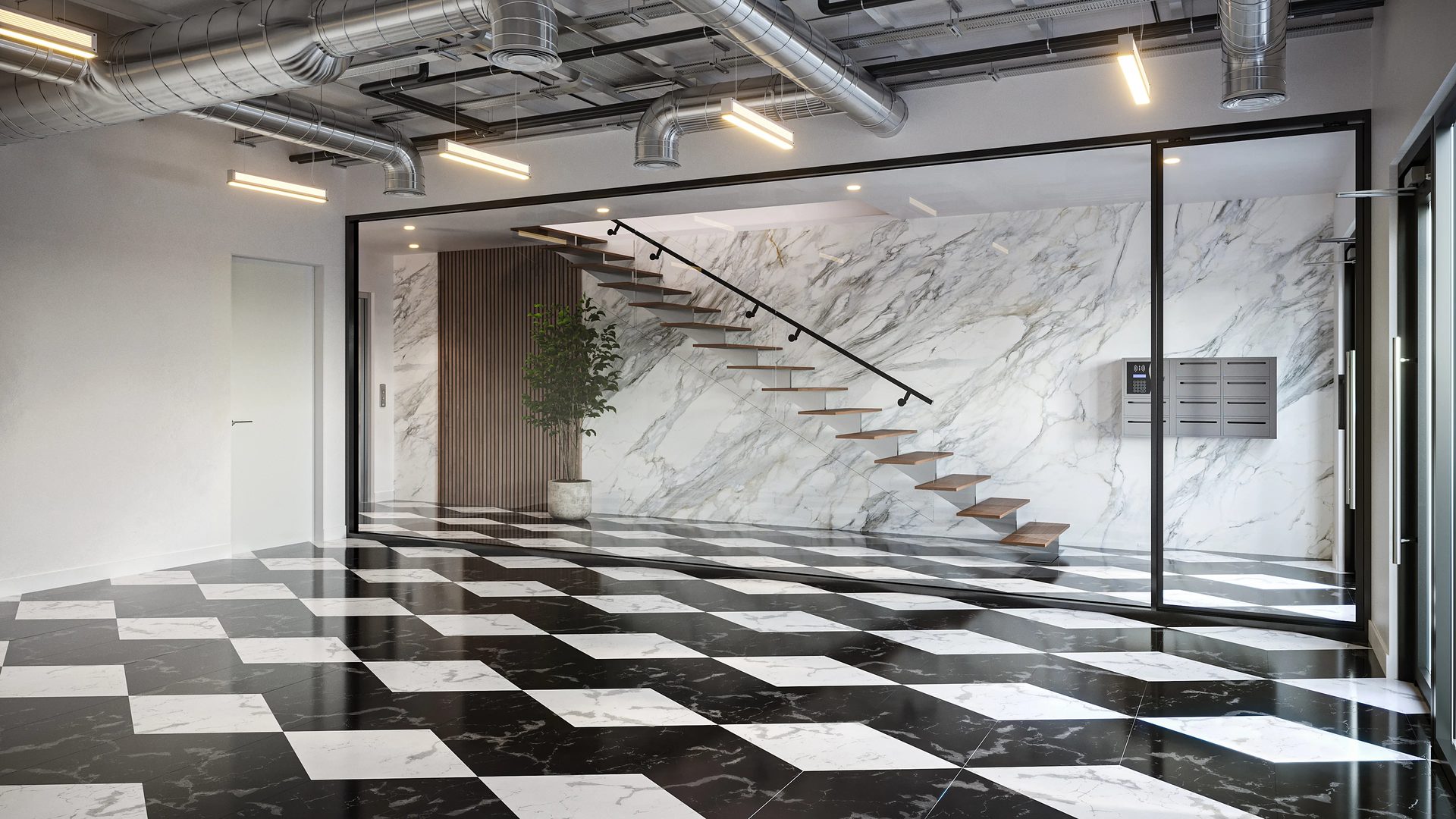 3D visualization of a modern building lobby with checkered marble flooring, floating staircase, and exposed ceiling ductwork
