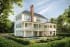 3D rendering of a two-story colonial house with wrap-around porches, brick chimney, pool, and landscaped garden