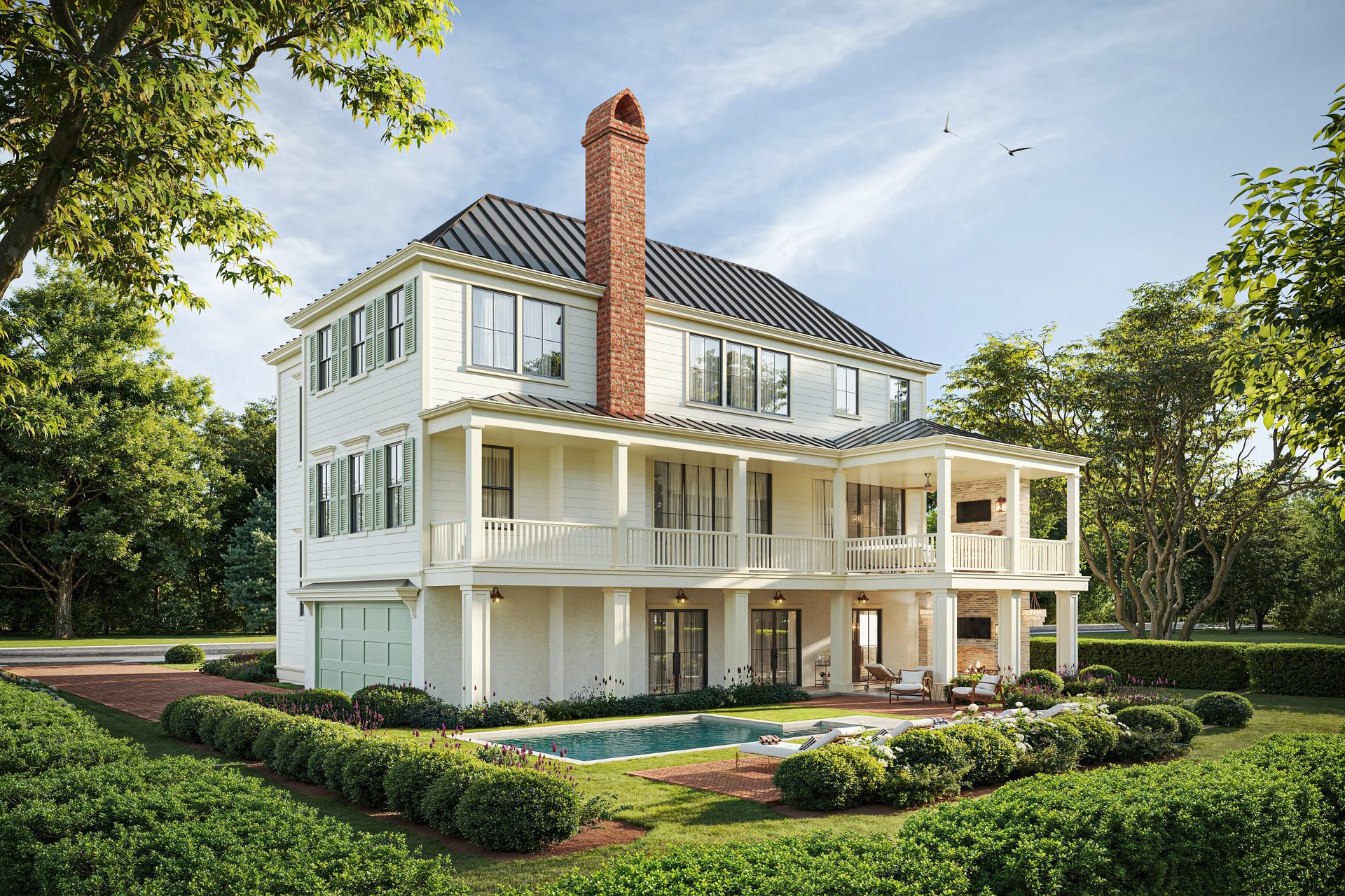 3D rendering of a two-story colonial house with wrap-around porches, brick chimney, pool, and landscaped garden