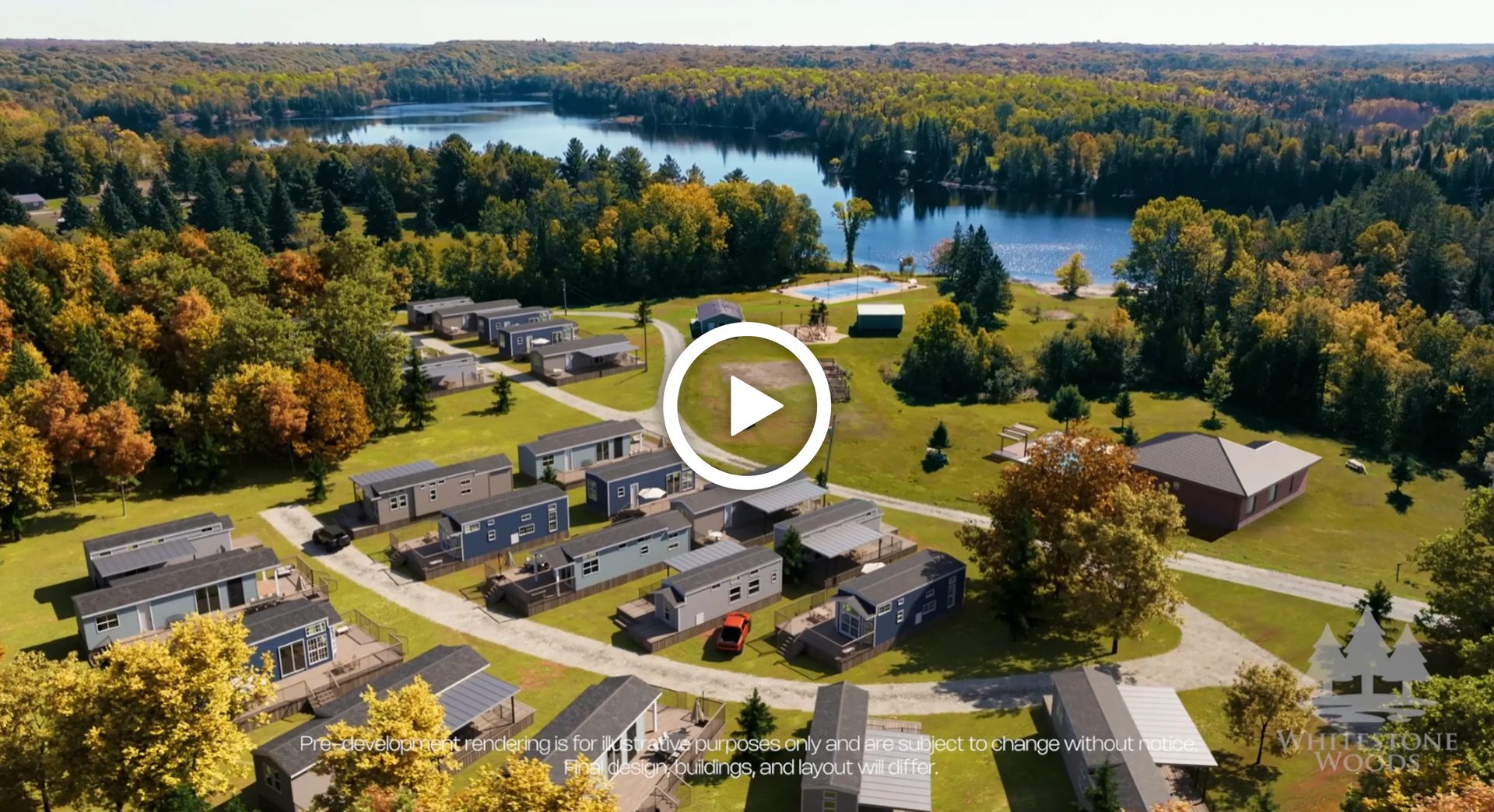 3D animation of a lakeside cottage resort park near Parry Sound, Ontario, with park-model trailers, drone footage integration, and surrounding wilderness