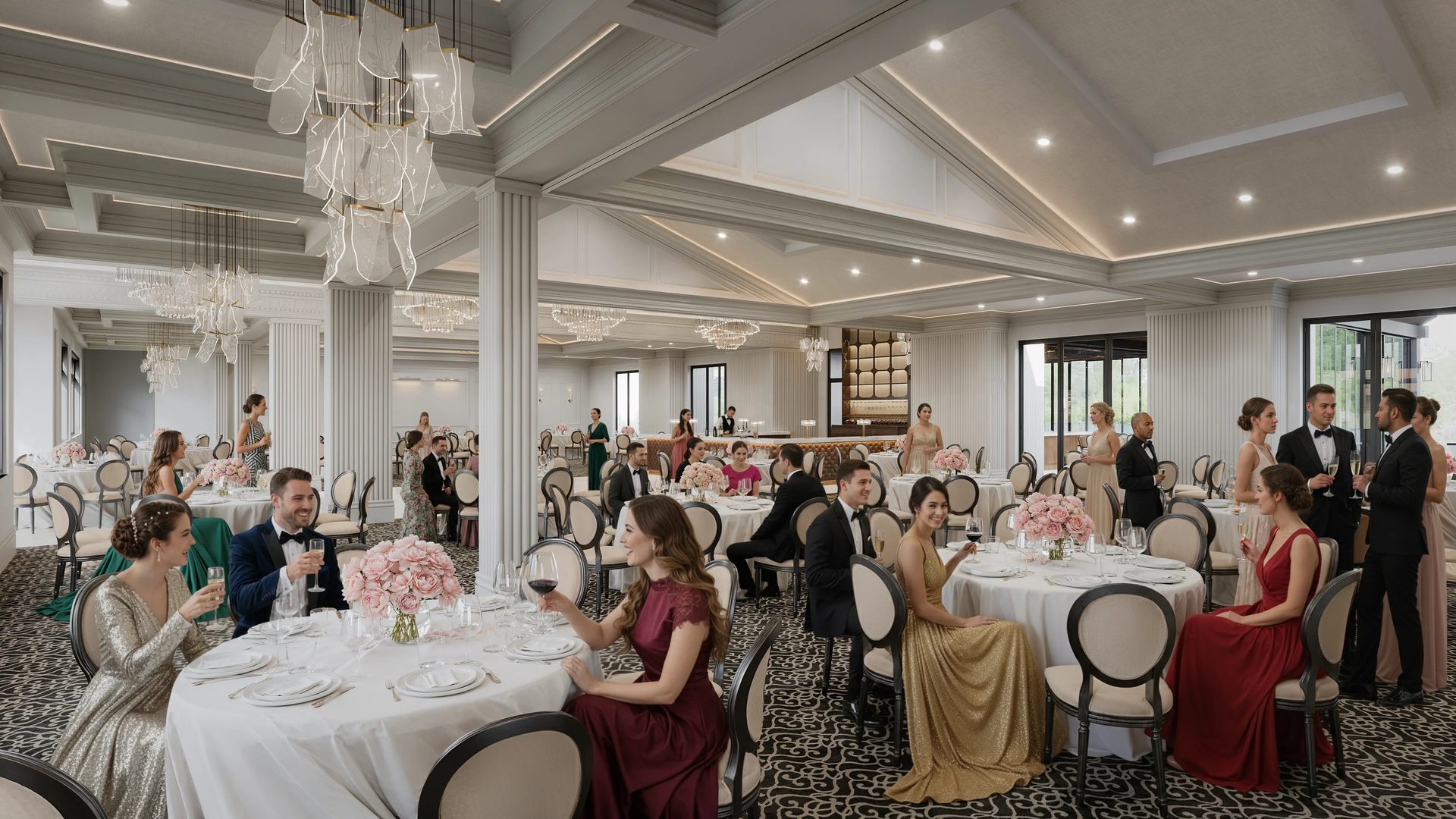 3D rendering of an elegant event center ballroom with coffered ceilings, crystal chandeliers, and guests at round tables
