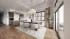3D rendering of an open-plan kitchen and dining room with ornate crown molding, dark wood cabinetry, and a modern dining set