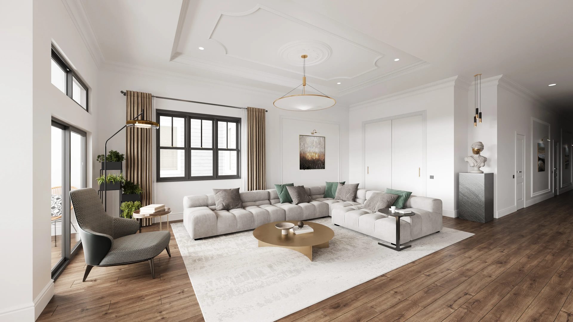 CGI of a spacious living room with classic ceiling molding, sectional sofa, and gold-accented decor