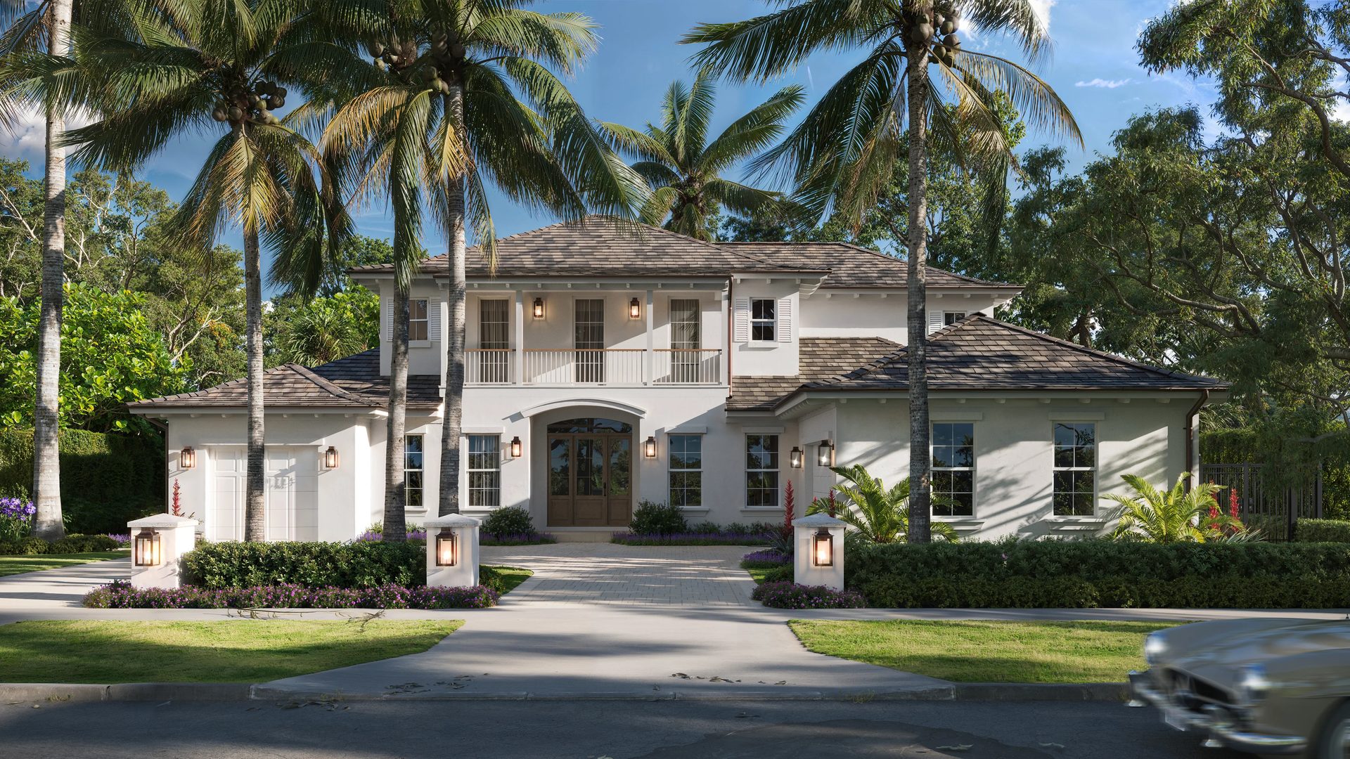 CGI of a two-story Mediterranean-style house with stucco walls, palm trees, and tropical landscaping in Florida