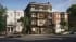 Architectural 3D visualization of a modern dark-clad multifamily building with glass balconies and a rooftop terrace on an urban street