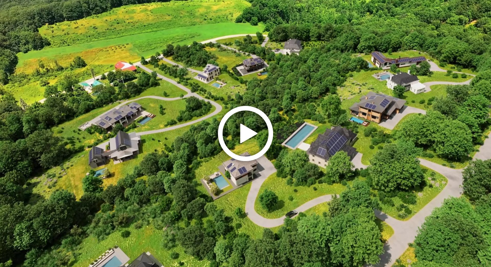 Architectural 3D animation of a 12-lot subdivision site plan with drone footage transforming into CGI-rendered homes and numbered lots