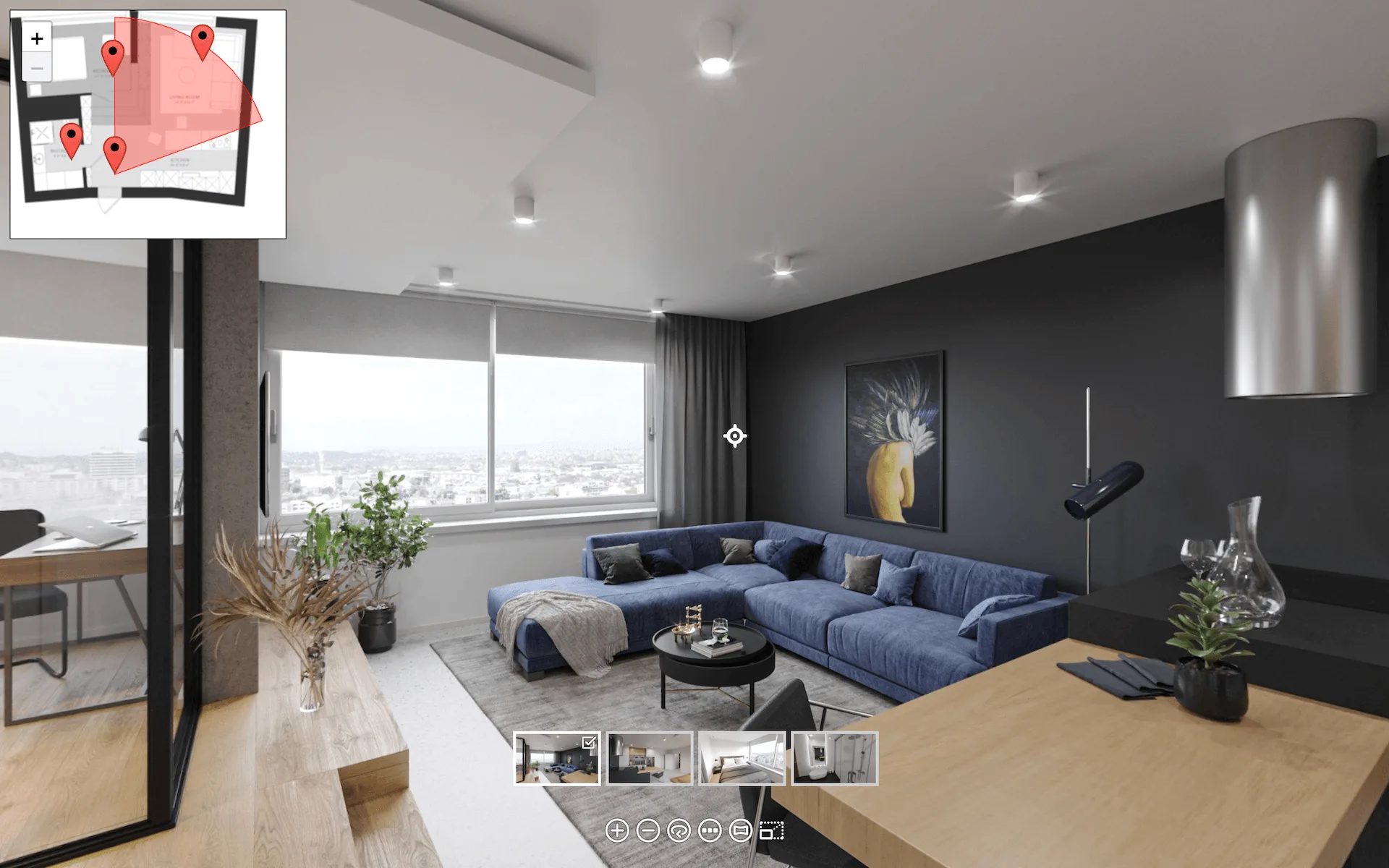 360 virtual tour of an apartment interior: living room with a blue sofa and a panoramic city view