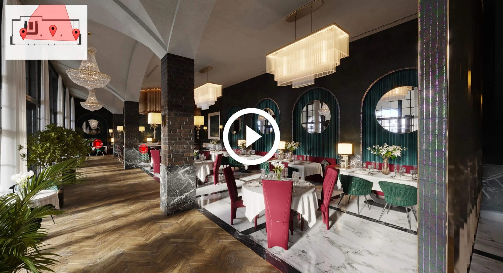 3D virtual tour of a commercial interior: restaurant hall with green arched booths and crimson chairs