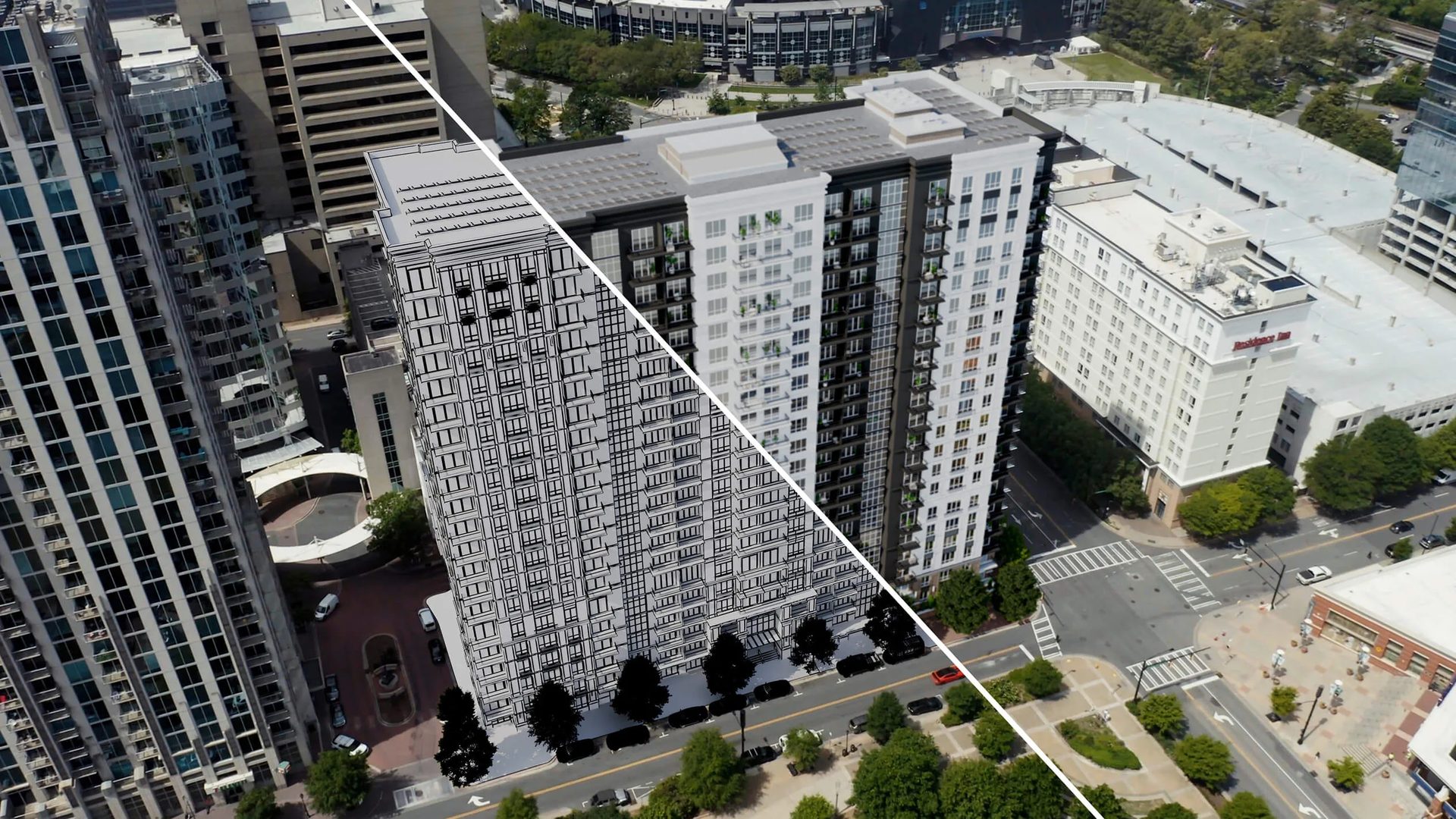 3D aerial renderings: high-rise model matched into an aerial photo of the block