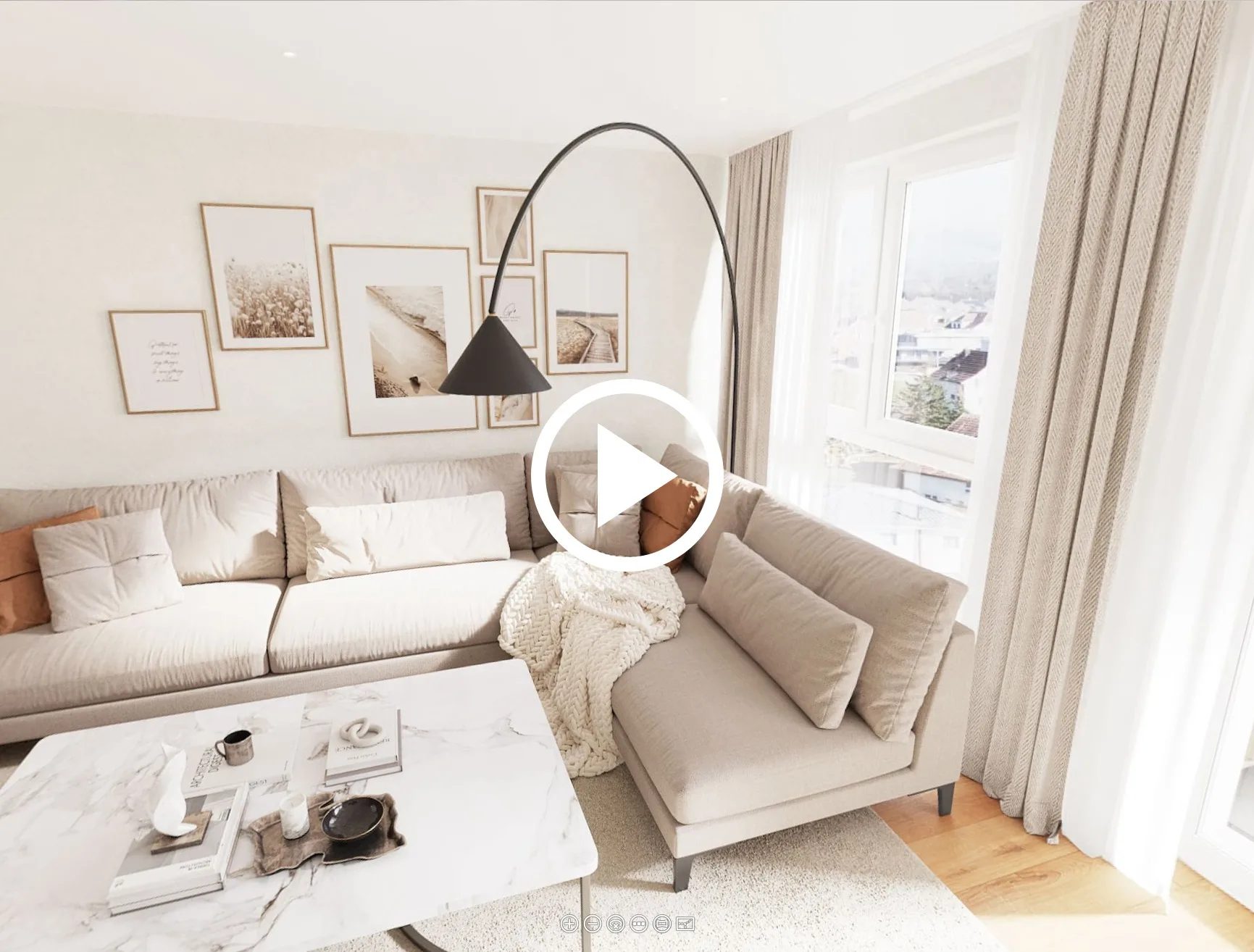 3D apartment tour: living room with a corner sofa and a city view through full-height glazing
