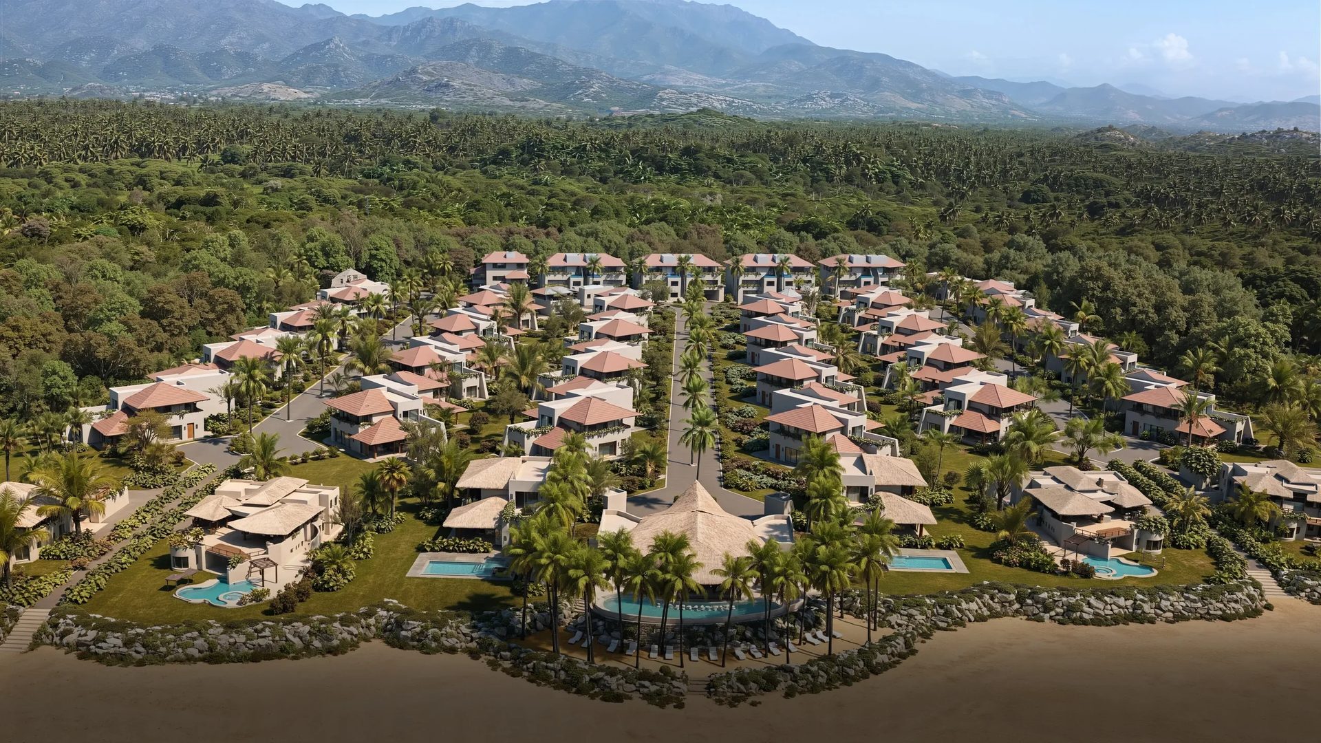 3D architectural animation still: aerial view of a residential community