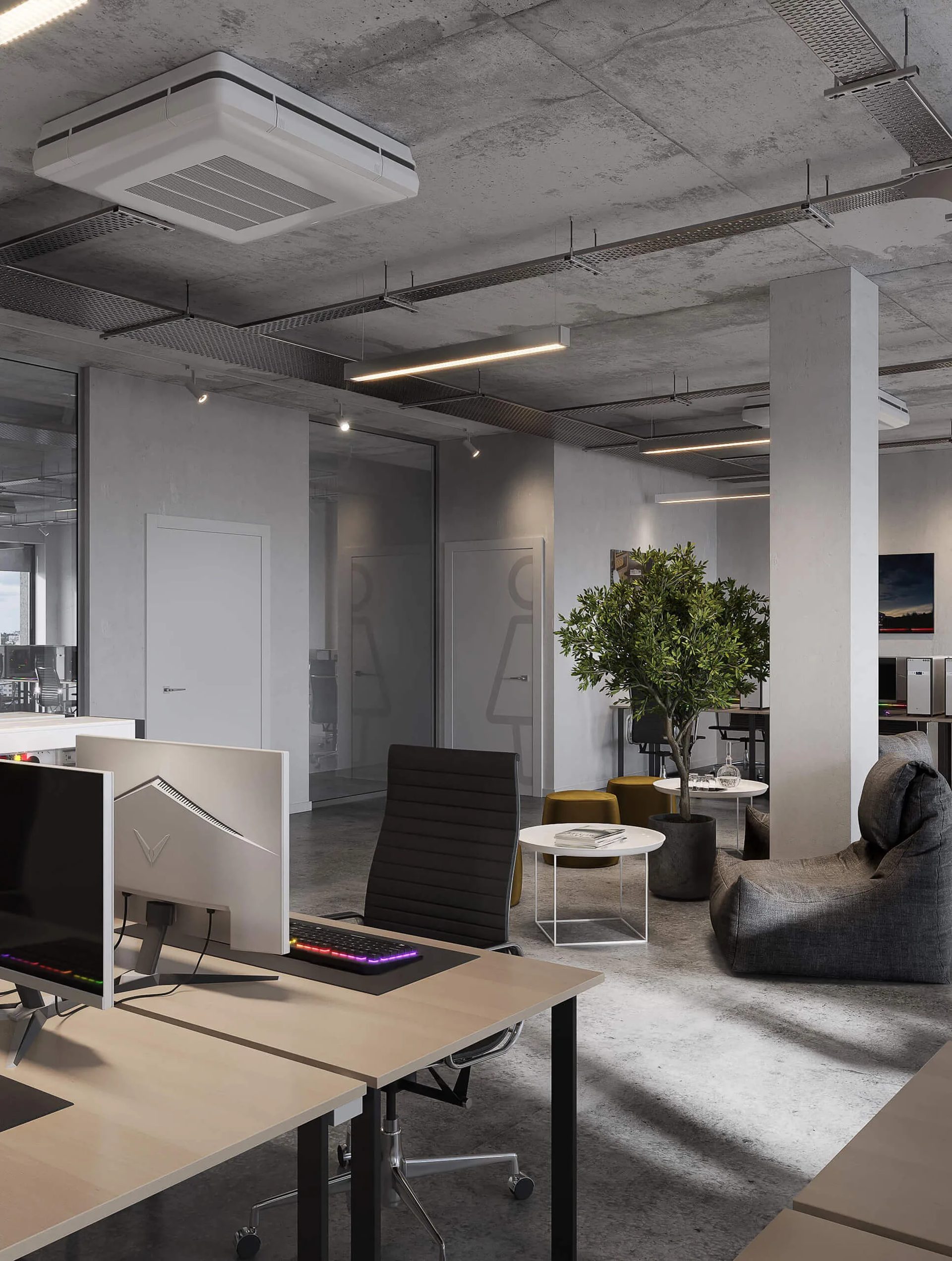 3D interior rendering of a workstation area in a concrete loft office with desks and monitors