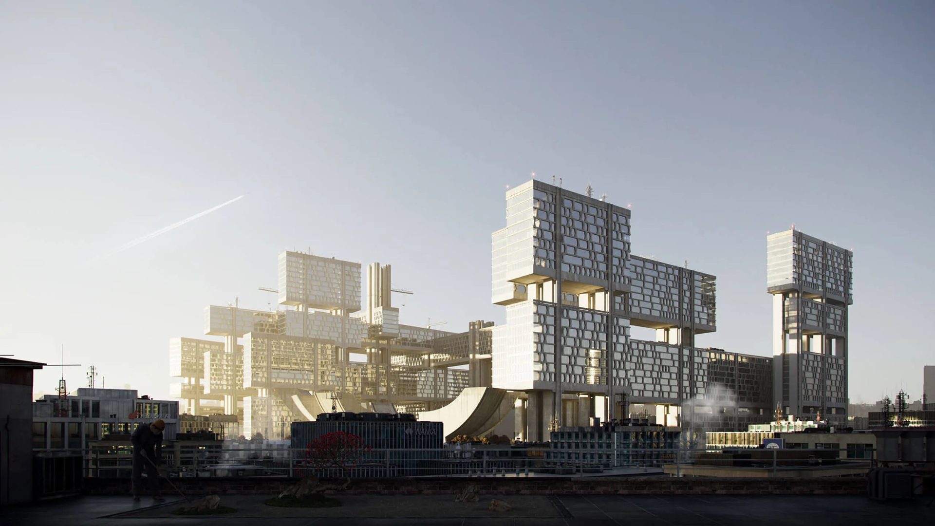 Building 3D render of modern high-rise towers at dusk