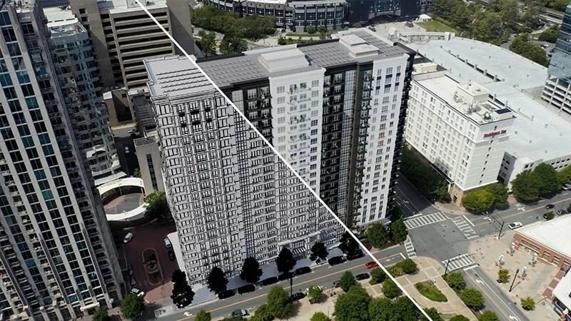 Commercial property rendering: aerial view of a city street between modern buildings