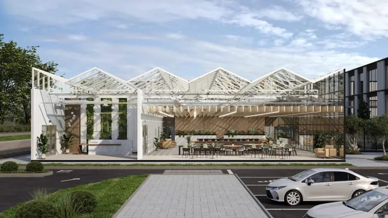 Dollhouse 3D rendering of a modern pavilion with the roof removed, the cutaway Toronto developers use to explain a layout