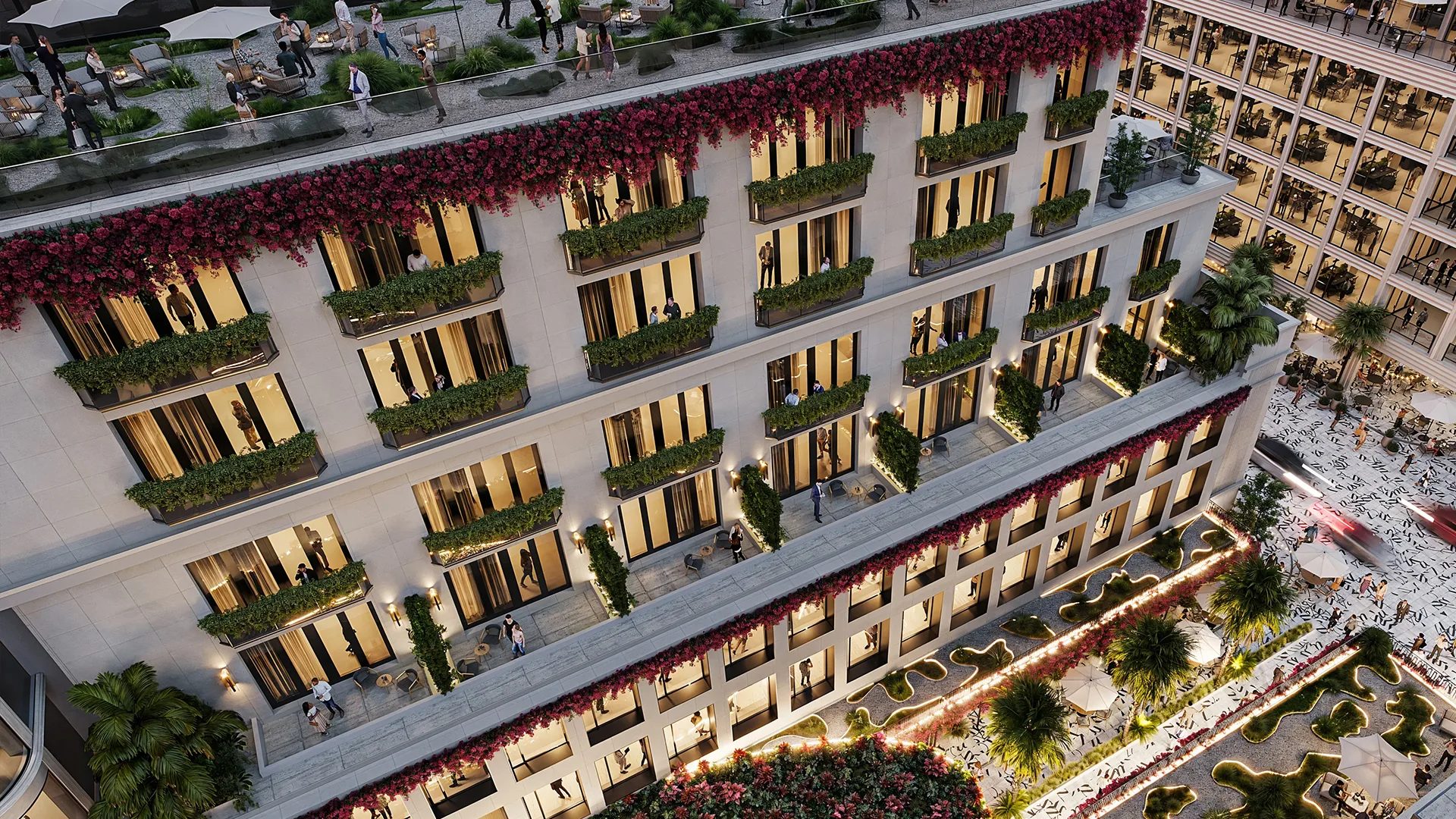 Photorealistic exterior 3D rendering of a luxury hotel with a rooftop terrace