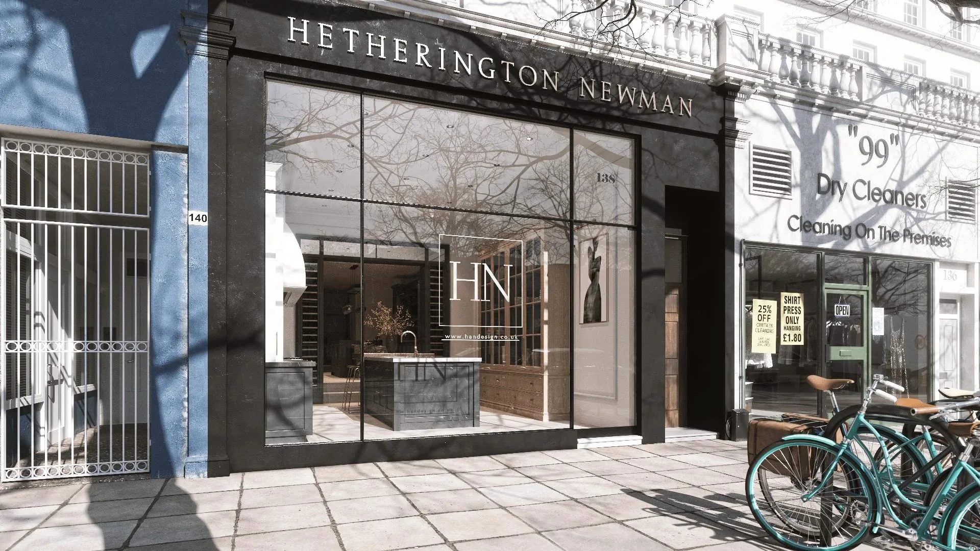 3D exterior visualisation of a high street shopfront with signage and a neighbouring unit, the London retail frontage type