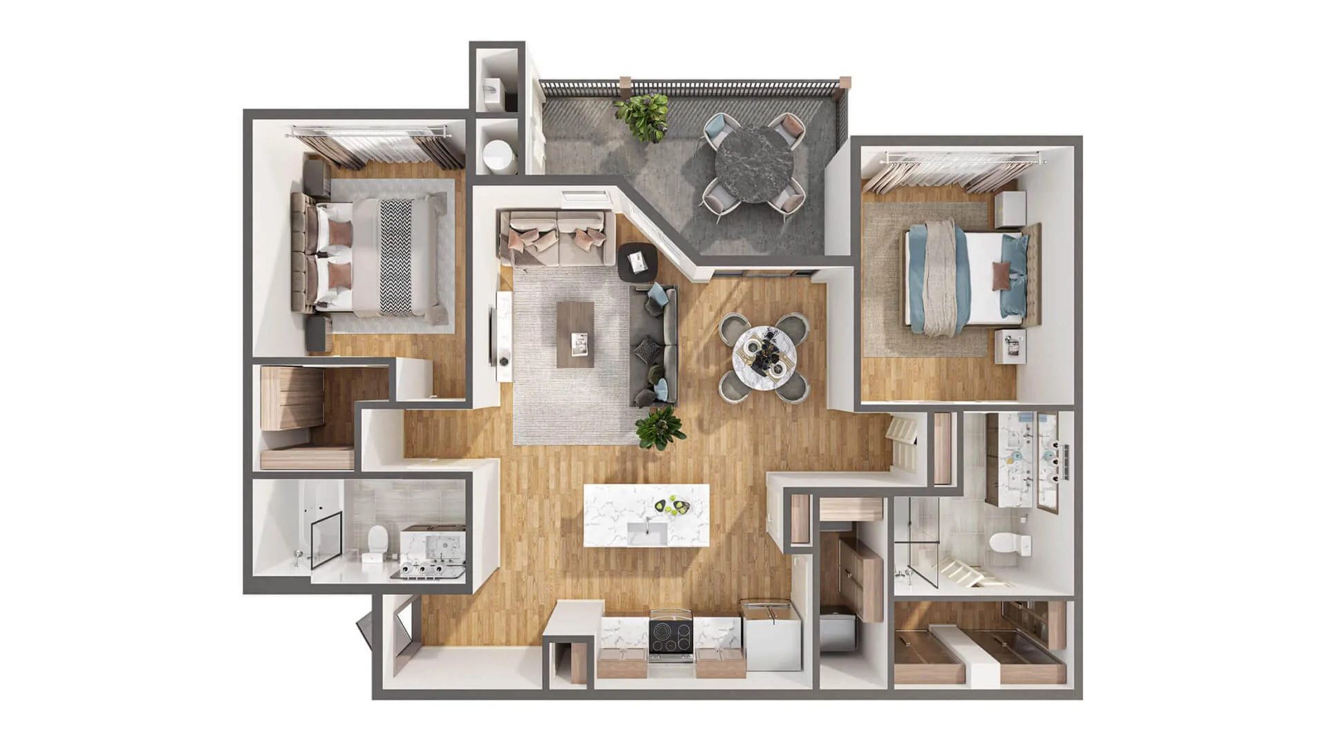 3D floor plan render of a furnished apartment seen from above