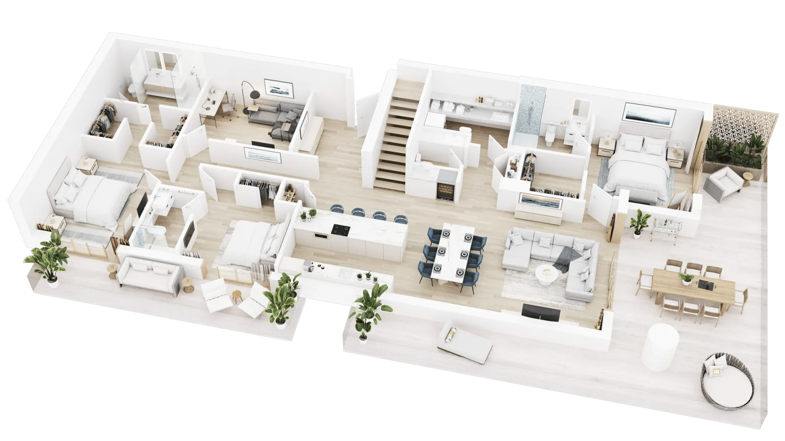 Furnished multi room apartment shown in a top down 3D floor plan rendering, the layout Melbourne agents lead with off the plan