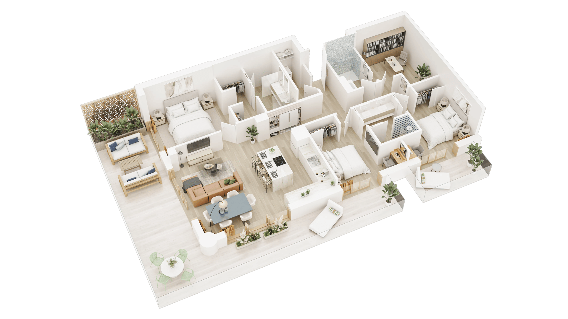 Furnished multi room apartment shown in a top down 3D floor plan rendering, the layout San Francisco listings lead with