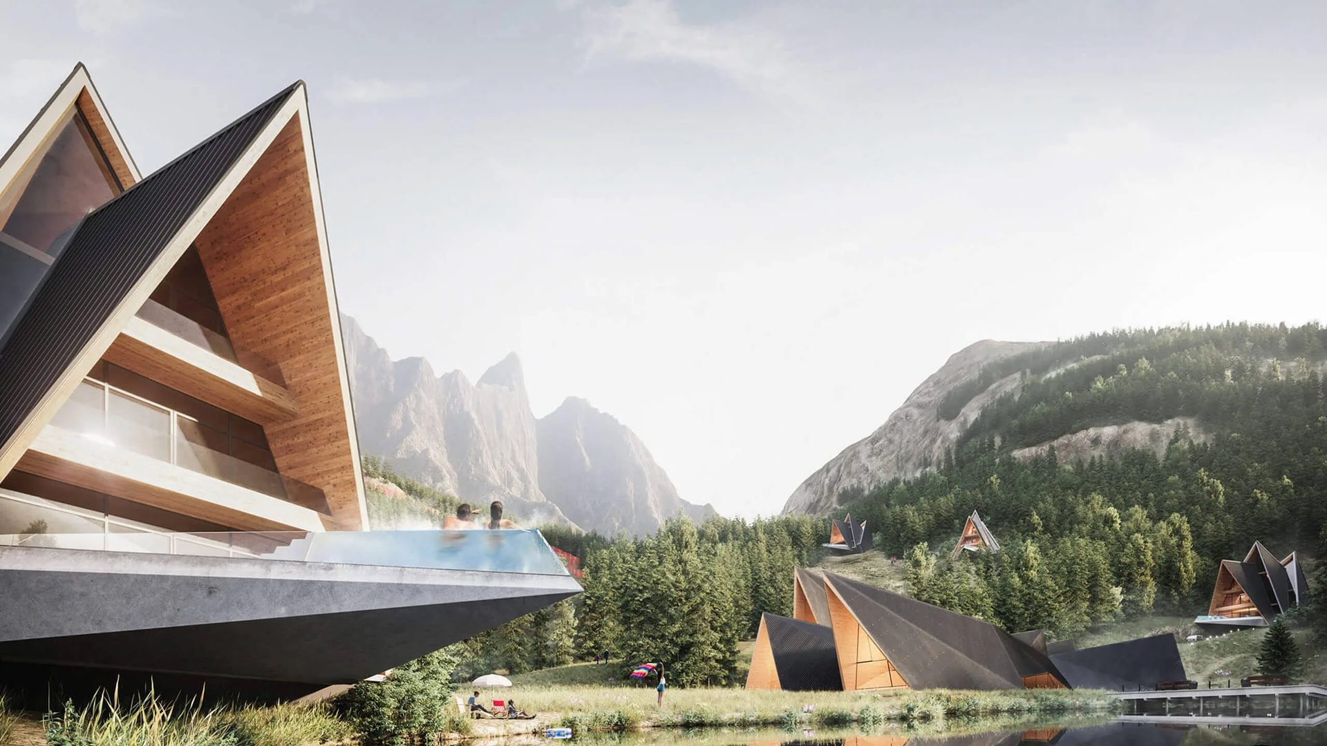3D hotel design of an angular mountain resort with A-frame cabins by a lake
