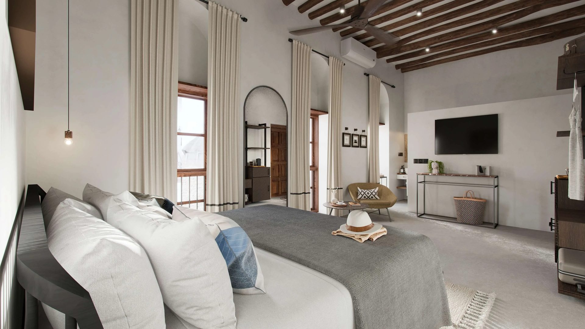 Hospitality 3D visualisation of a deluxe hotel room with a beamed ceiling and a seating corner