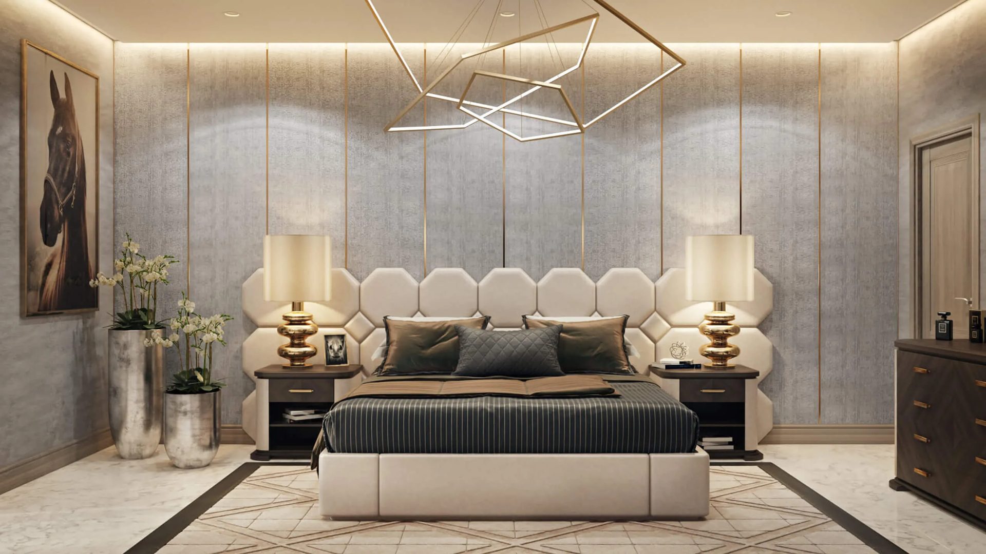 Luxury hotel room 3D design with a padded hexagon headboard and gold lighting