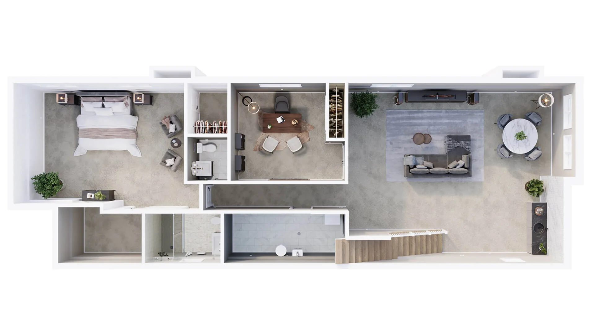 3D house plan showing the layout of a single family home