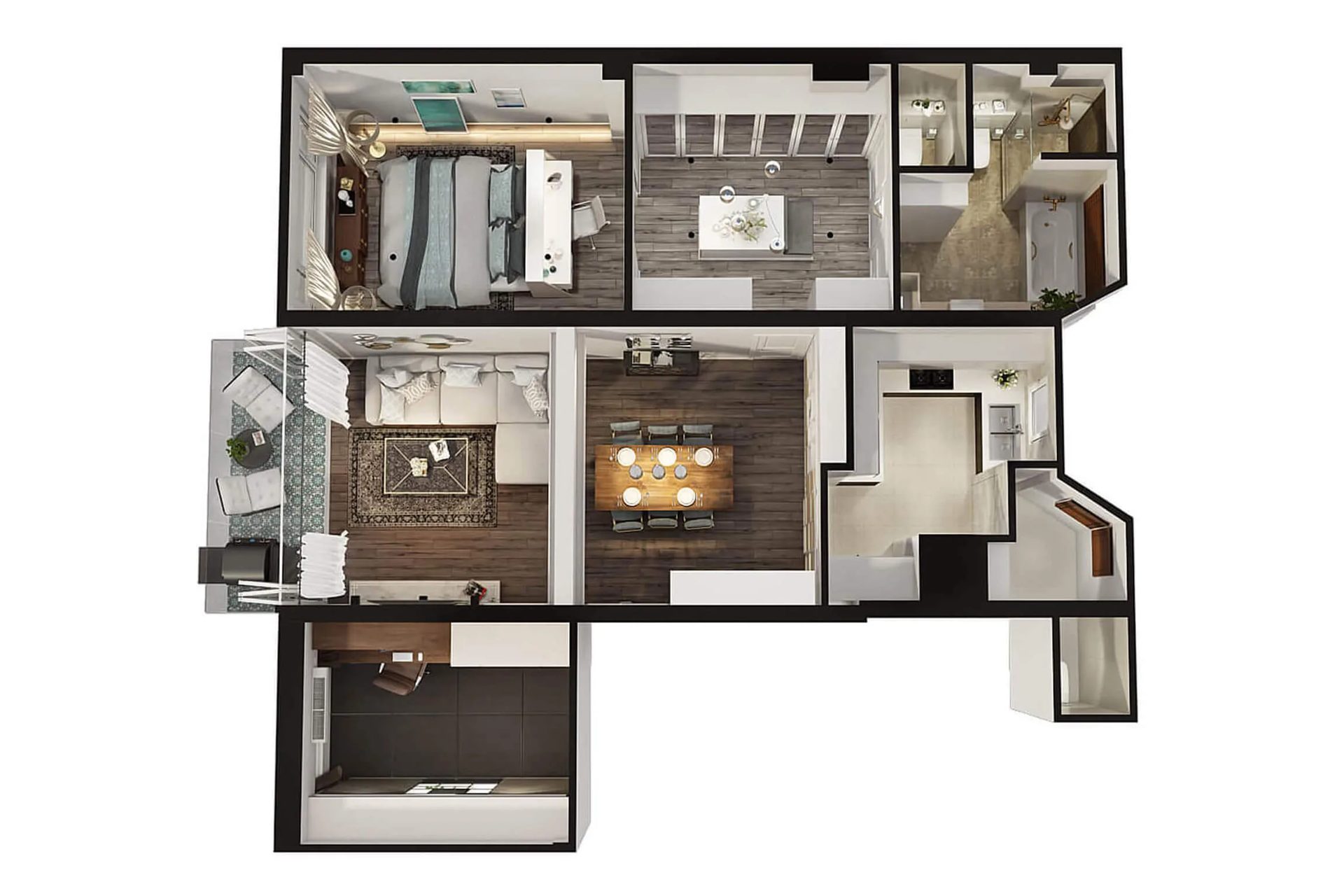 3D house plan for a property developer: bedrooms, bathrooms, living and dining rooms on one level